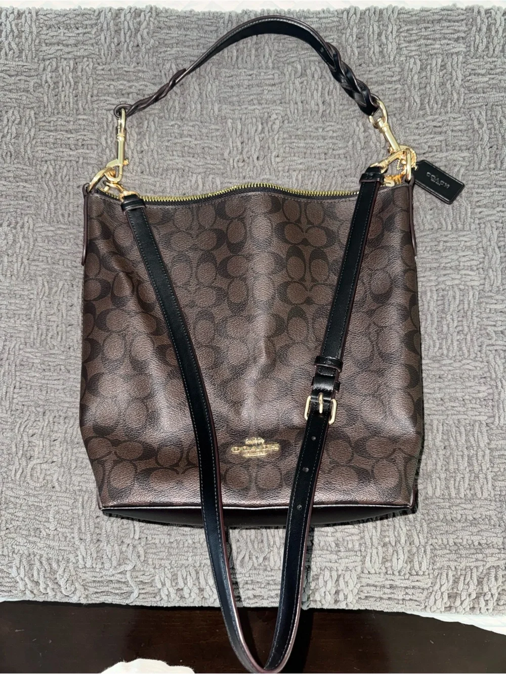 Coach Black Signature Canvas Shoulder Bag with Gold Hardware